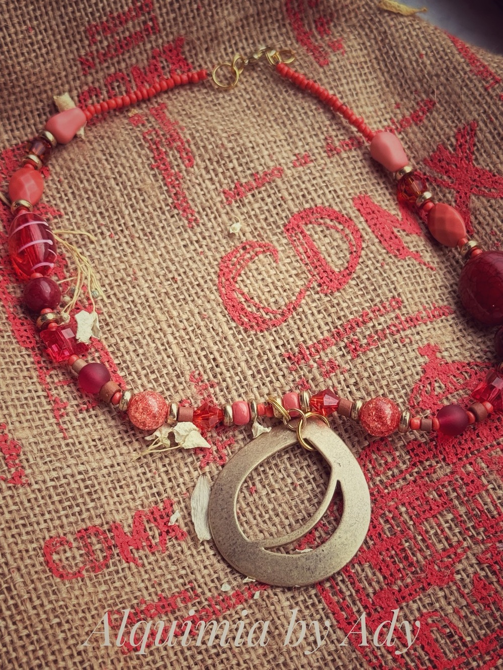 Fall+ orange quartz + Red Beaded Necklace with Gold Double-Hoop Pendant